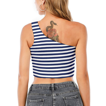 Navy And White Striped Pattern Print One Shoulder Crop Top