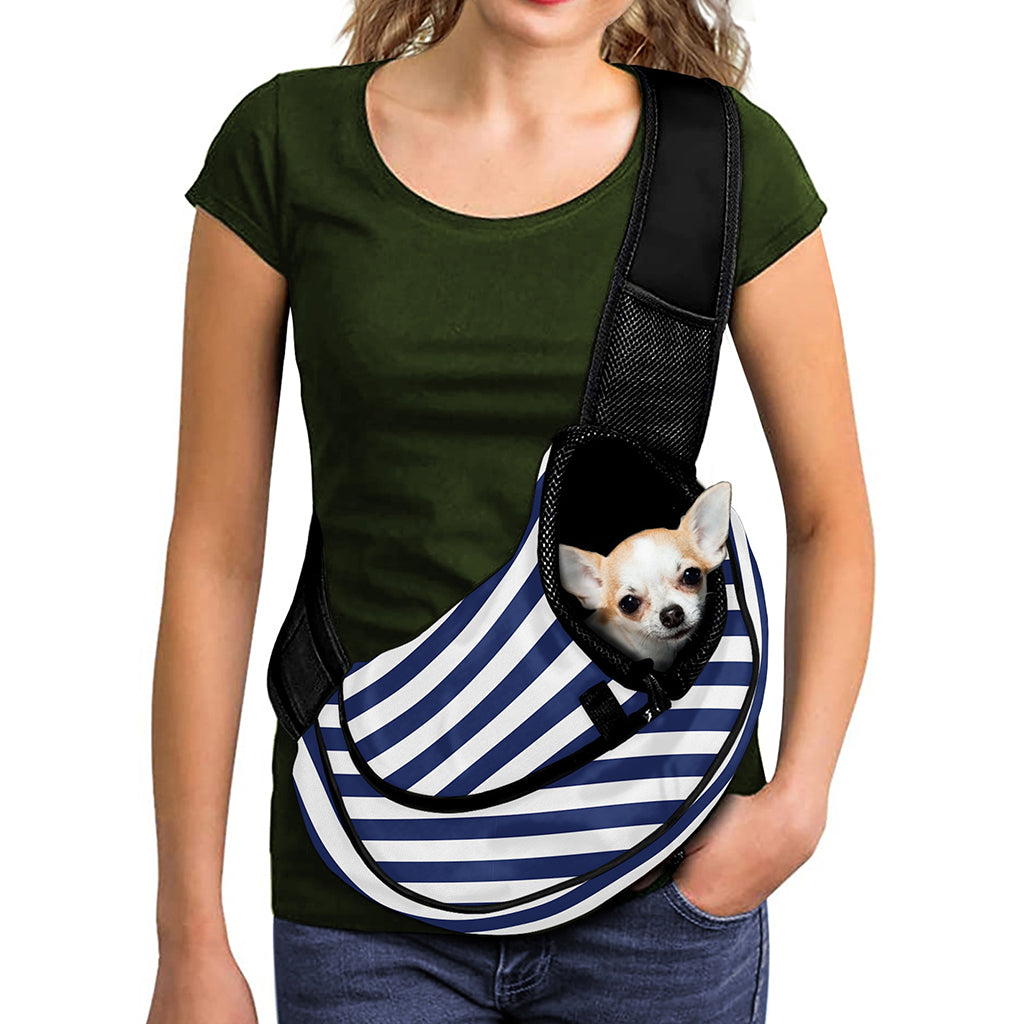 Navy And White Striped Pattern Print Pet Sling Carrier