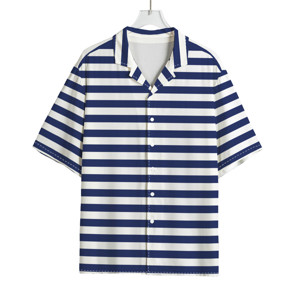 Navy And White Striped Pattern Print Rayon Hawaiian Shirt