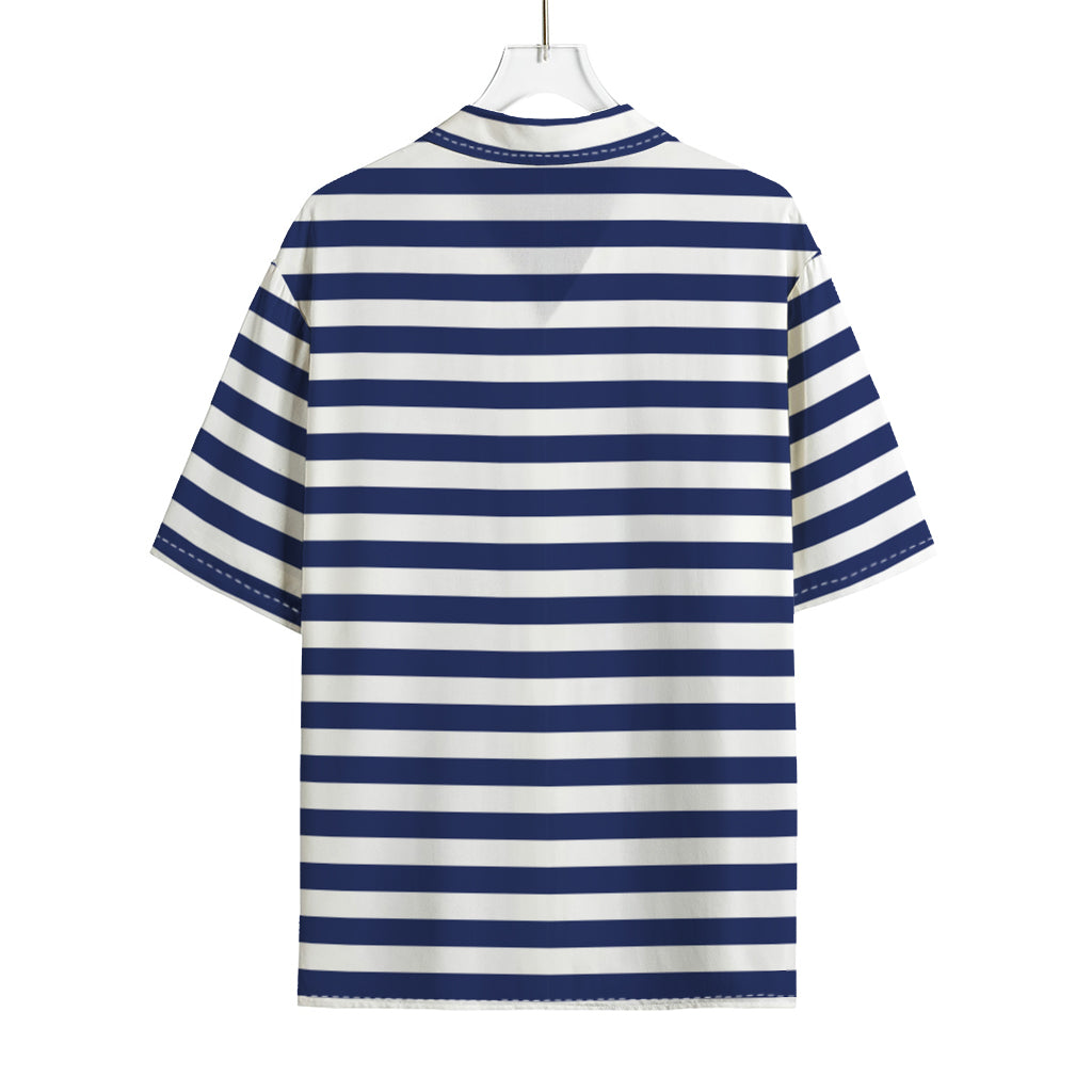 Navy And White Striped Pattern Print Rayon Hawaiian Shirt