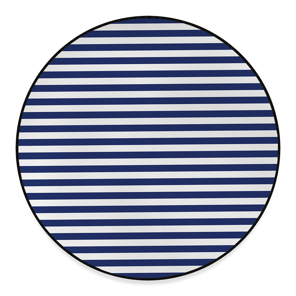 Navy And White Striped Pattern Print Round Floor Mat