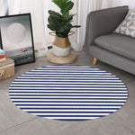 Navy And White Striped Pattern Print Round Rug