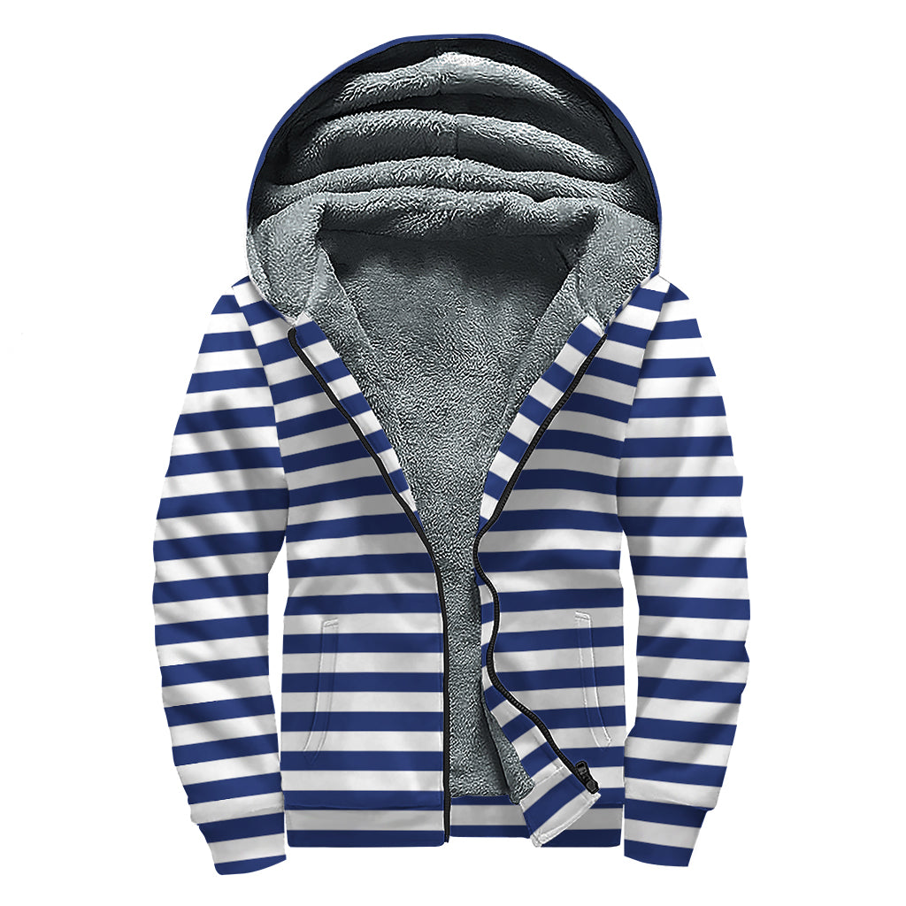 Navy And White Striped Pattern Print Sherpa Lined Zip Up Hoodie