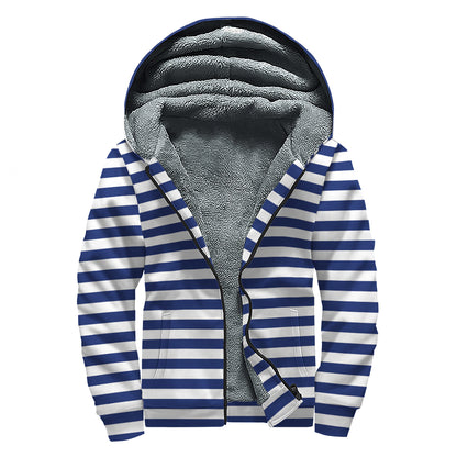 Navy And White Striped Pattern Print Sherpa Lined Zip Up Hoodie