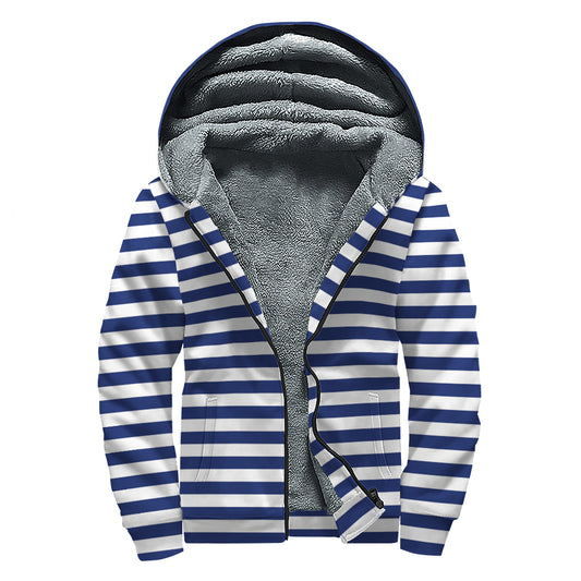 Navy And White Striped Pattern Print Sherpa Lined Zip Up Hoodie