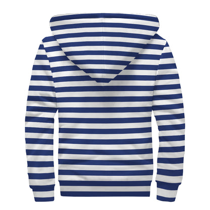 Navy And White Striped Pattern Print Sherpa Lined Zip Up Hoodie