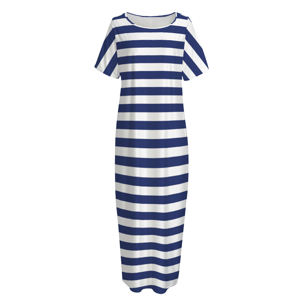 Navy And White Striped Pattern Print Short Sleeve Long Nightdress