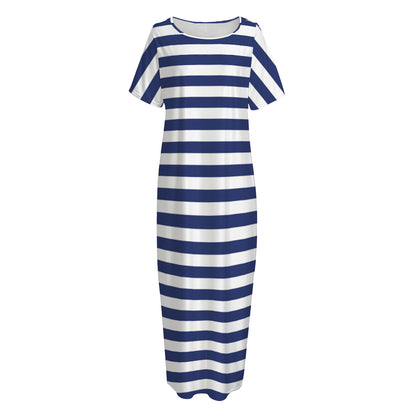 Navy And White Striped Pattern Print Short Sleeve Long Nightdress