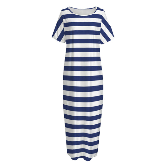 Navy And White Striped Pattern Print Short Sleeve Long Nightdress