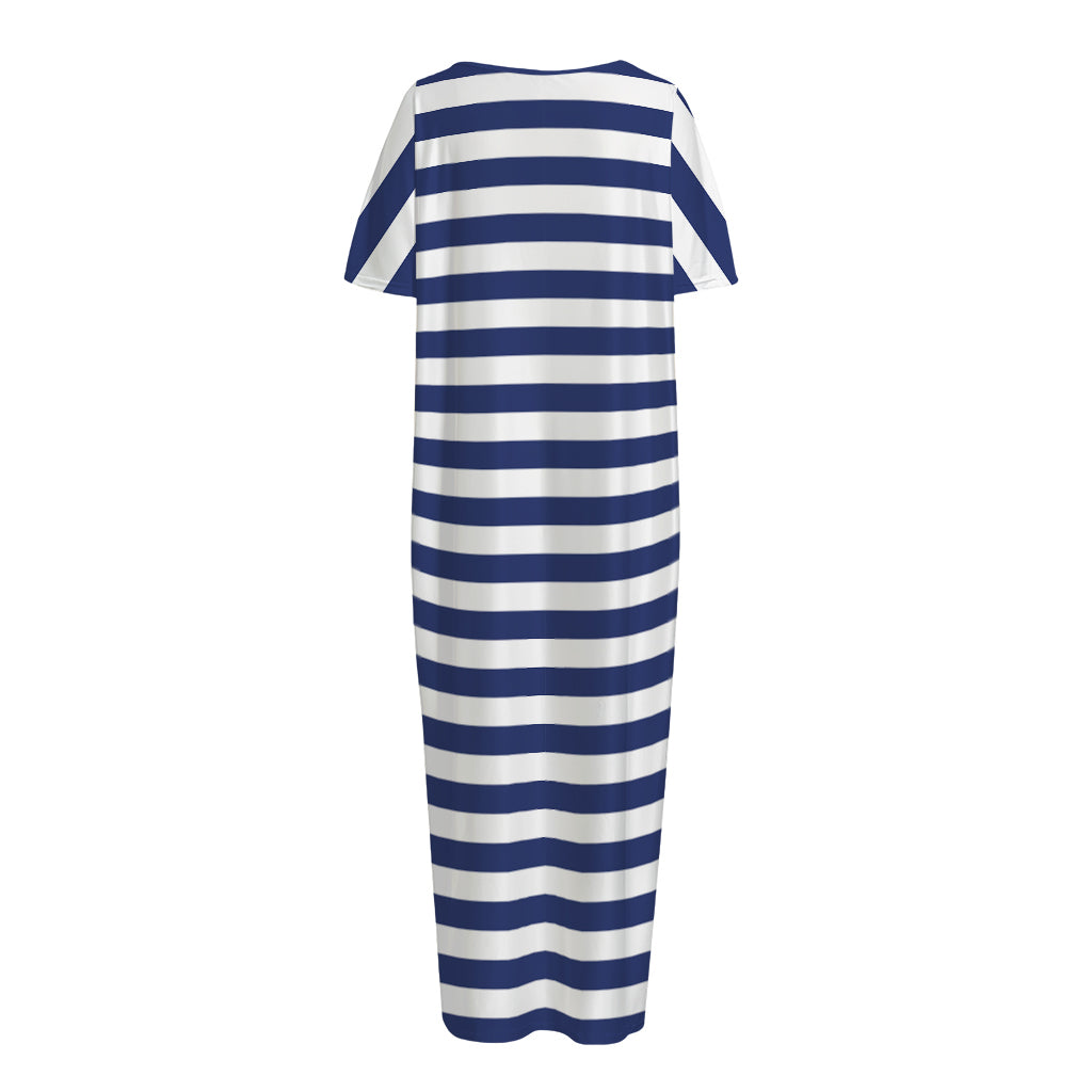 Navy And White Striped Pattern Print Short Sleeve Long Nightdress