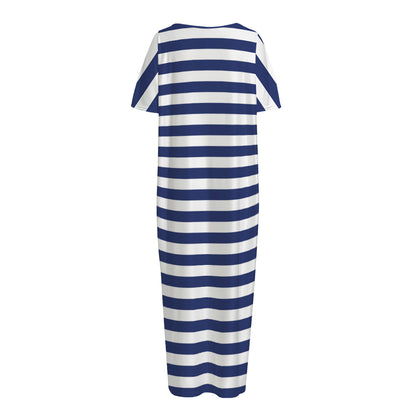 Navy And White Striped Pattern Print Short Sleeve Long Nightdress