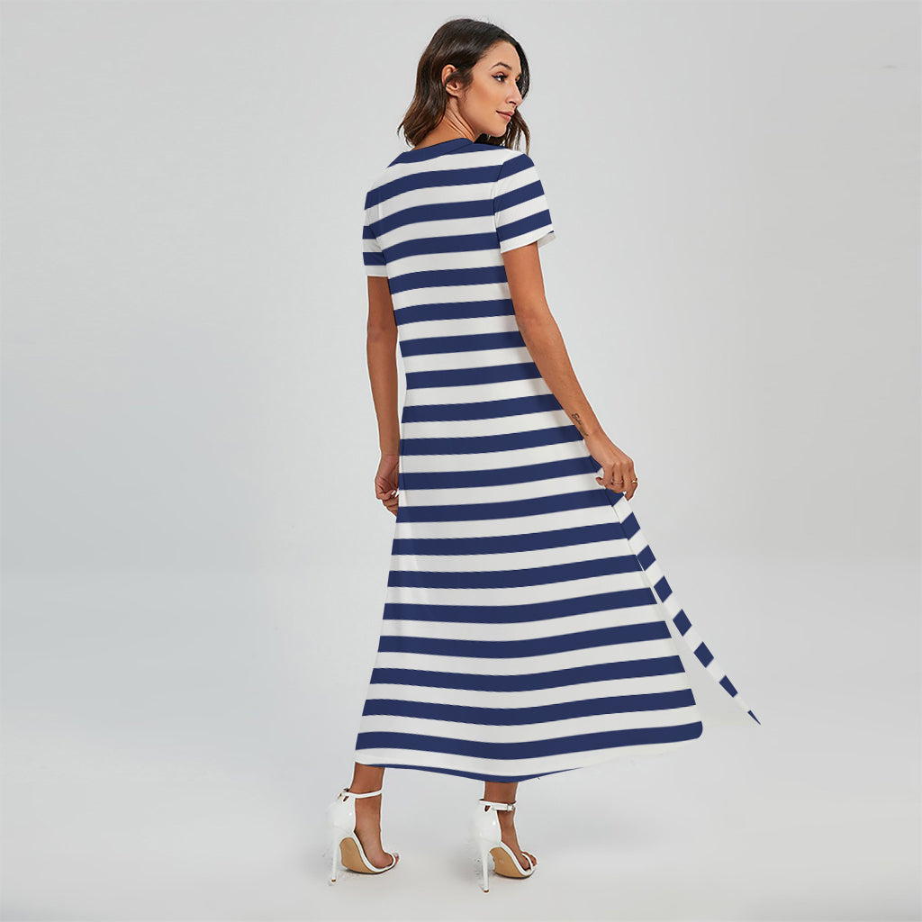 Navy And White Striped Pattern Print Short Sleeve Maxi Dress