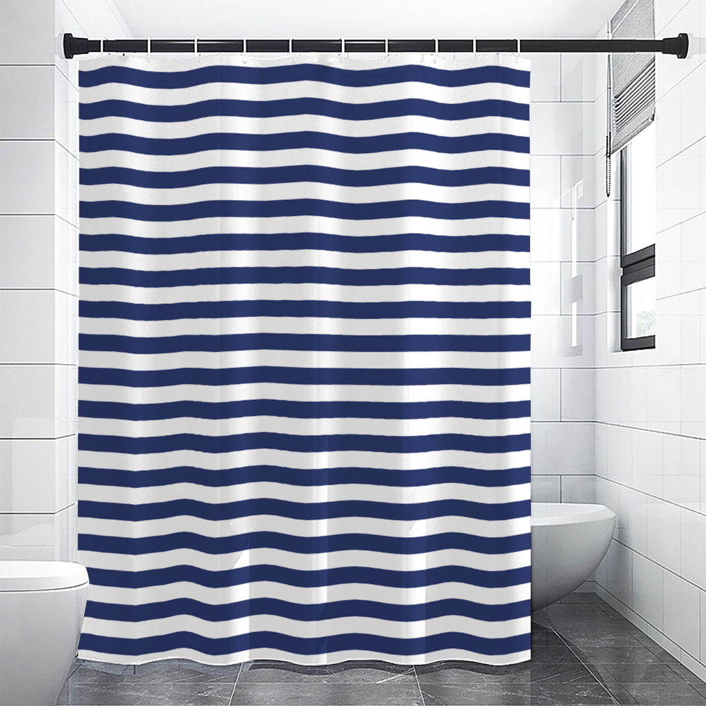 Navy And White Striped Pattern Print Shower Curtain