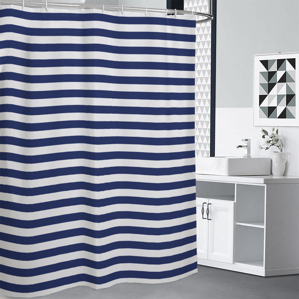 Navy And White Striped Pattern Print Shower Curtain