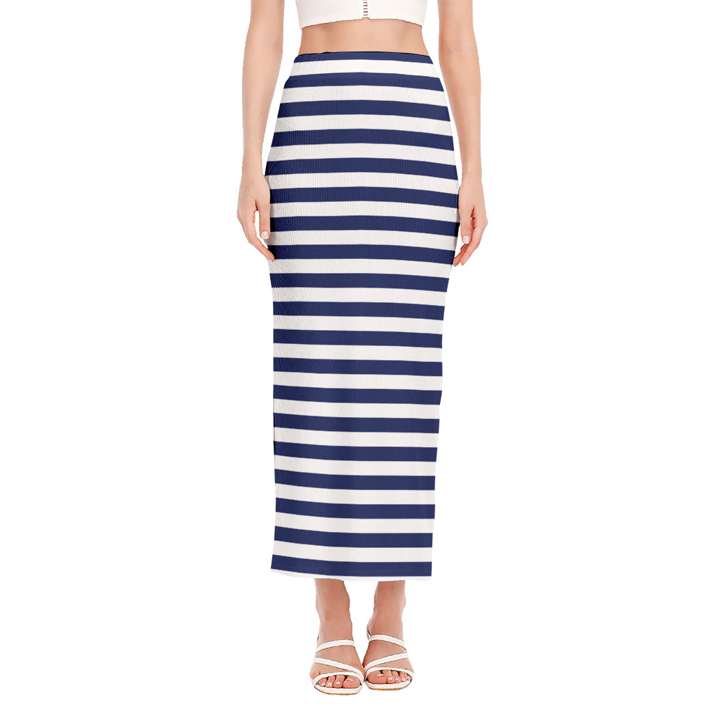 Navy And White Striped Pattern Print Side Slit Maxi Skirt