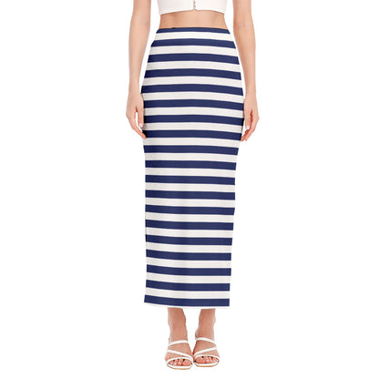 Navy And White Striped Pattern Print Side Slit Maxi Skirt