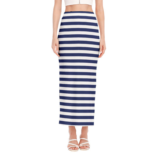 Navy And White Striped Pattern Print Side Slit Maxi Skirt