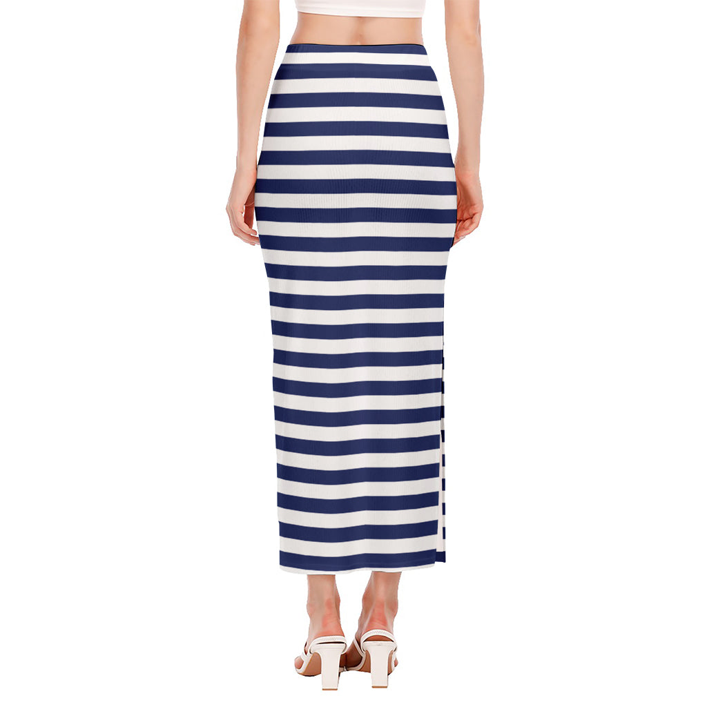 Navy And White Striped Pattern Print Side Slit Maxi Skirt