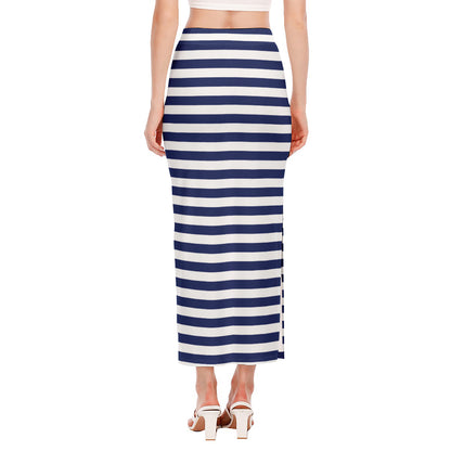 Navy And White Striped Pattern Print Side Slit Maxi Skirt