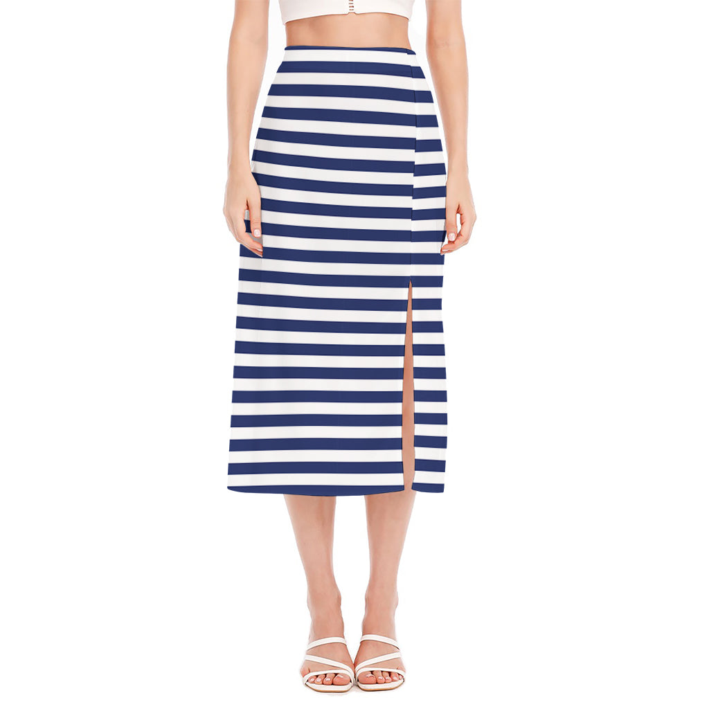 Navy And White Striped Pattern Print Side Slit Midi Skirt