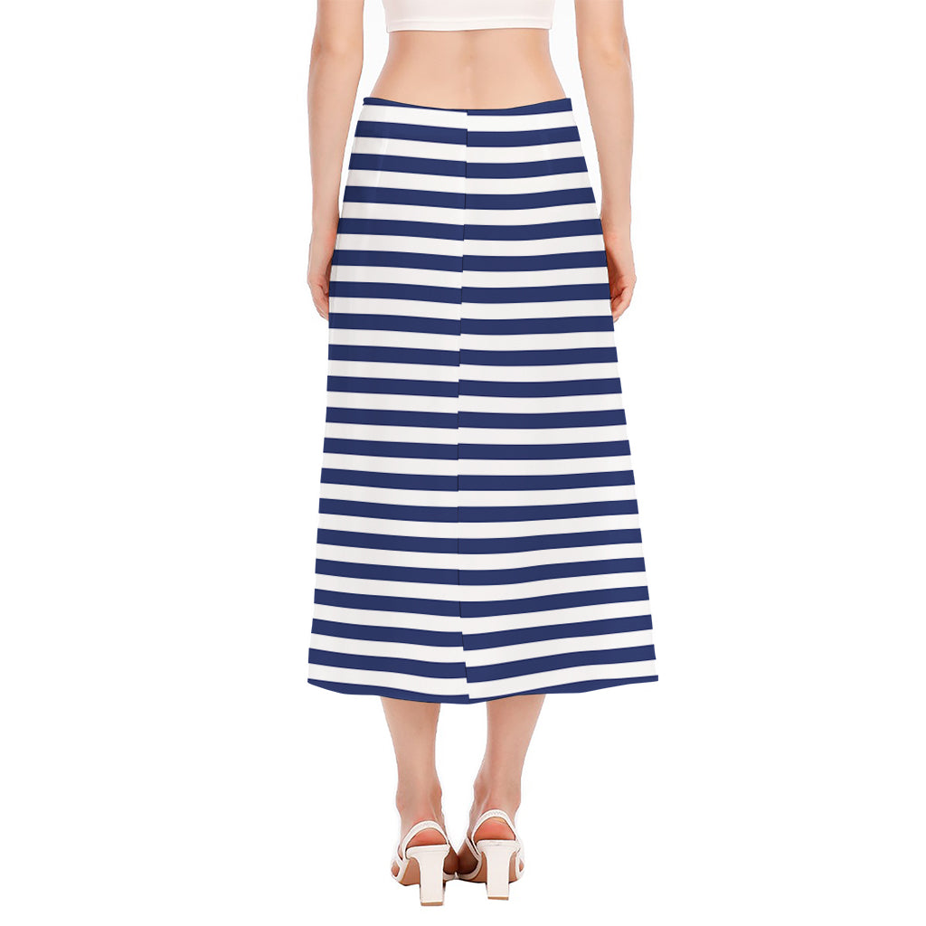 Navy And White Striped Pattern Print Side Slit Midi Skirt