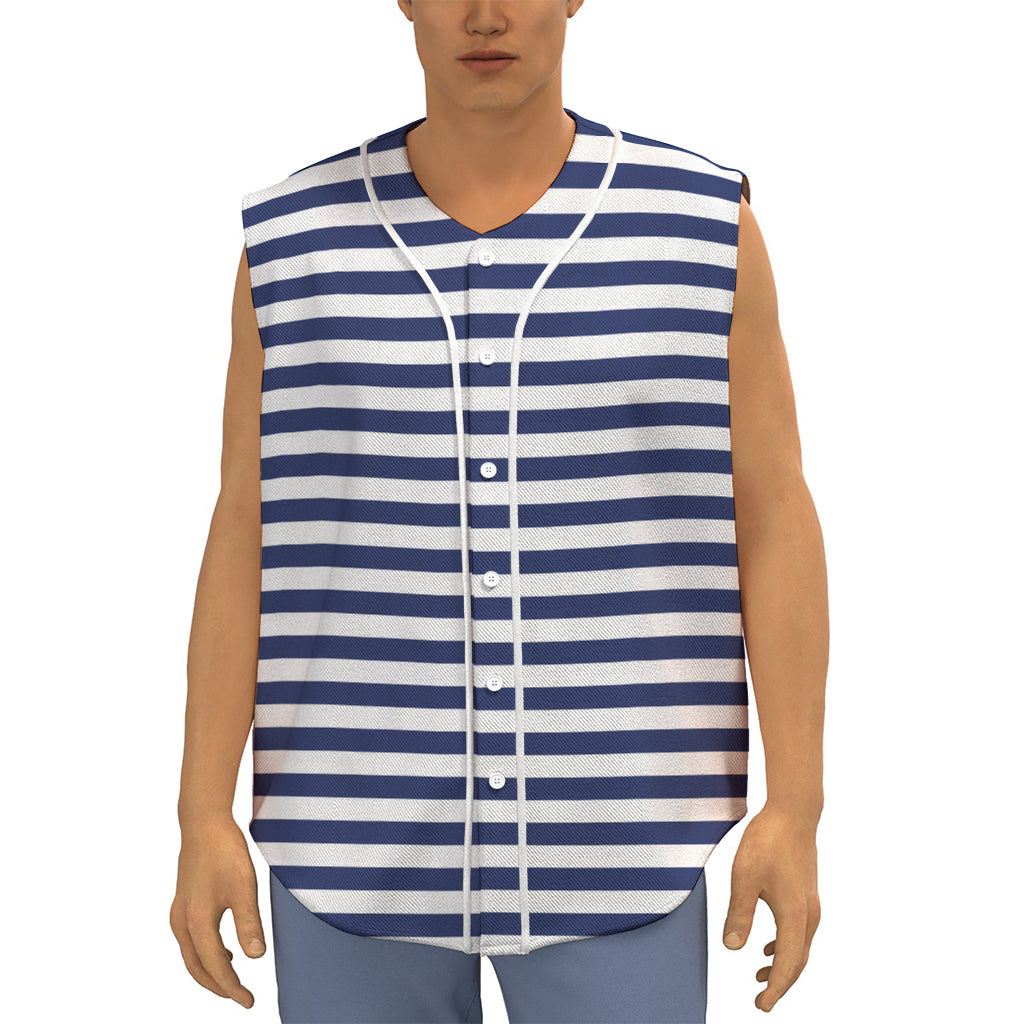 Navy And White Striped Pattern Print Sleeveless Baseball Jersey