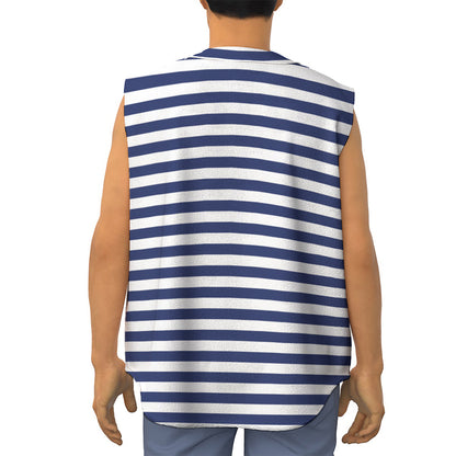 Navy And White Striped Pattern Print Sleeveless Baseball Jersey