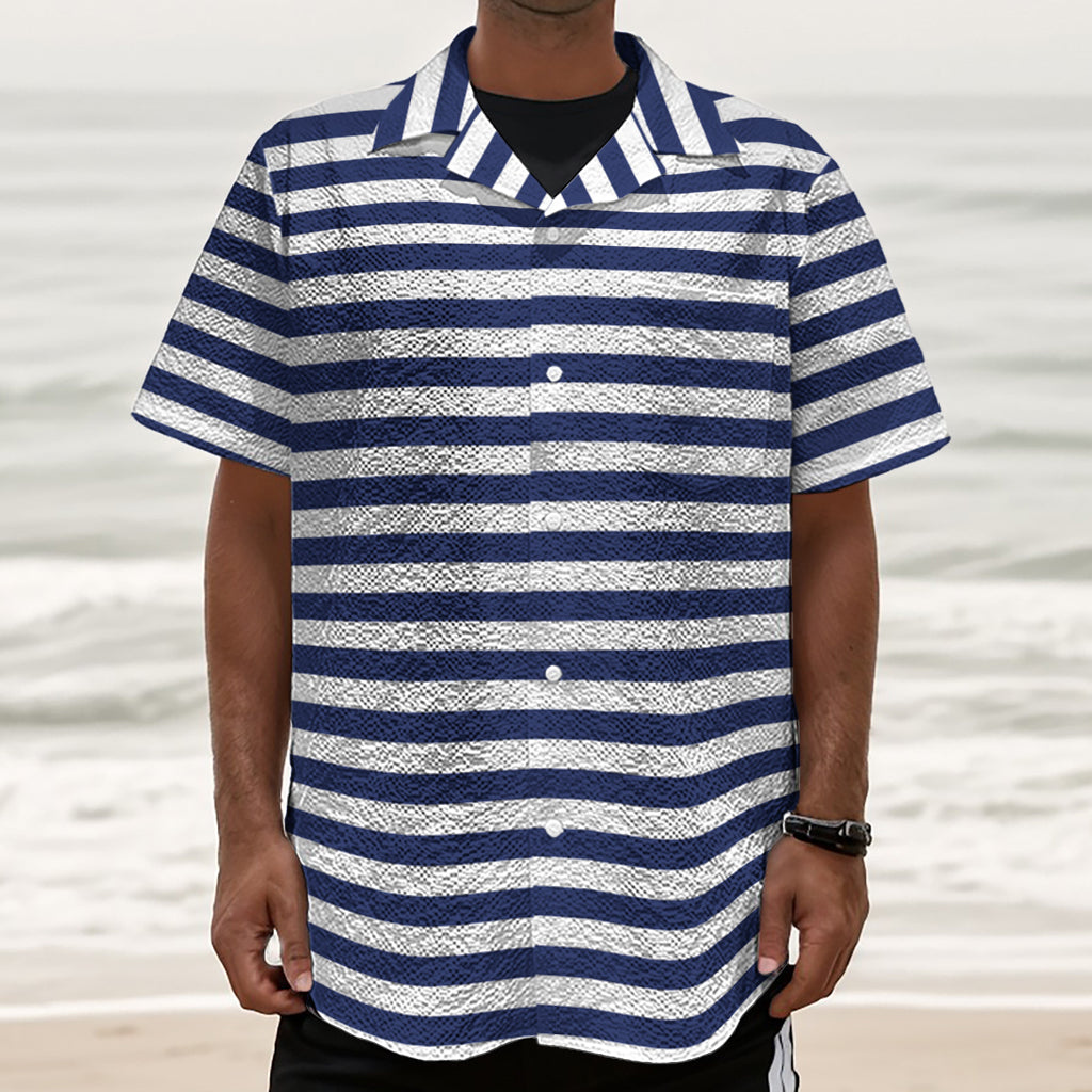Navy And White Striped Pattern Print Textured Short Sleeve Shirt