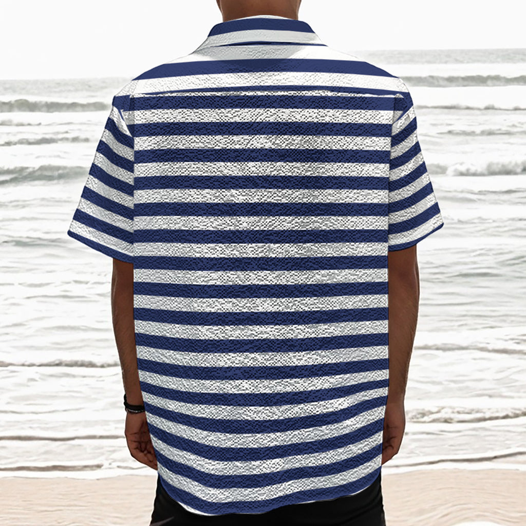 Navy And White Striped Pattern Print Textured Short Sleeve Shirt