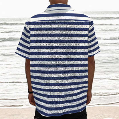 Navy And White Striped Pattern Print Textured Short Sleeve Shirt