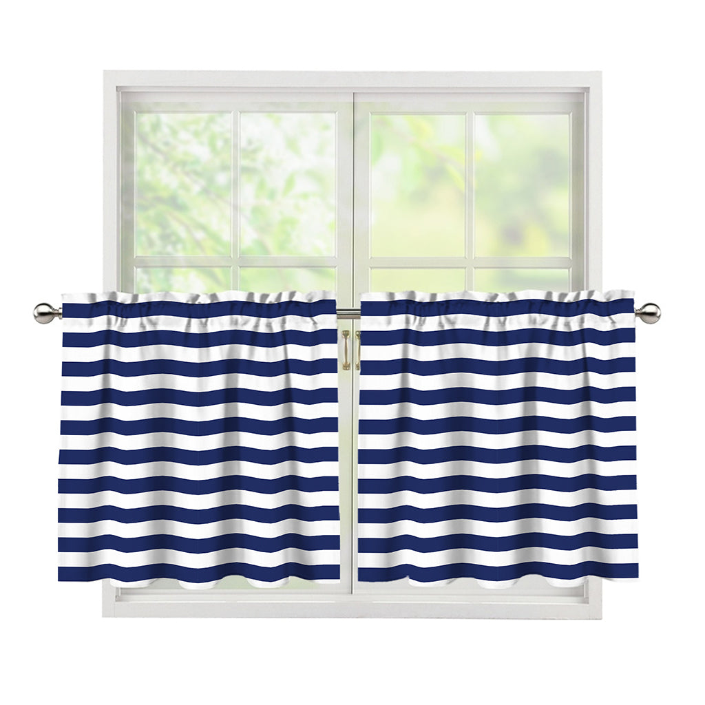 Navy And White Striped Pattern Print Tier Curtains