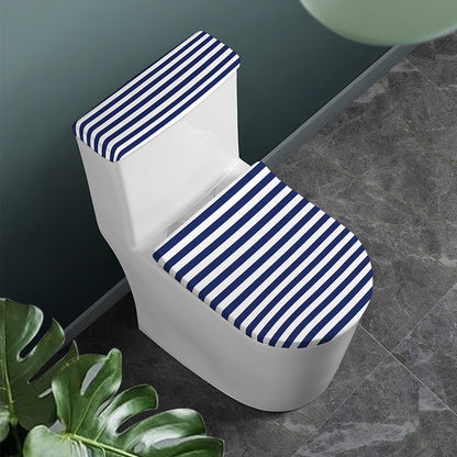 Navy And White Striped Pattern Print Toilet Lid And Tank Cover Set