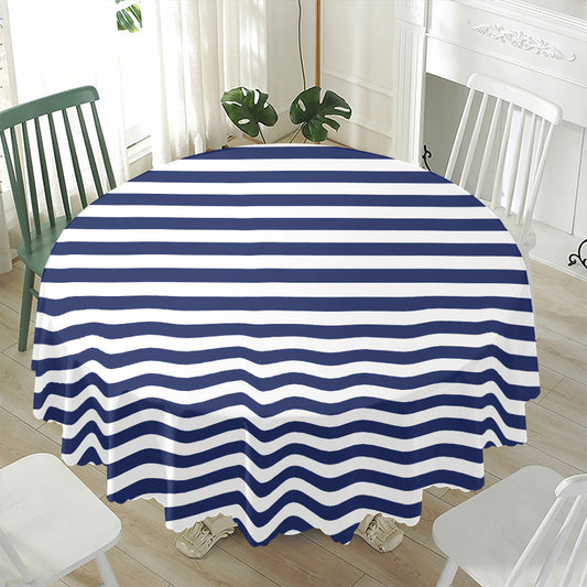 Navy And White Striped Pattern Print Waterproof Round Tablecloth