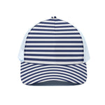 Navy And White Striped Pattern Print White Mesh Trucker Cap