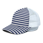 Navy And White Striped Pattern Print White Mesh Trucker Cap
