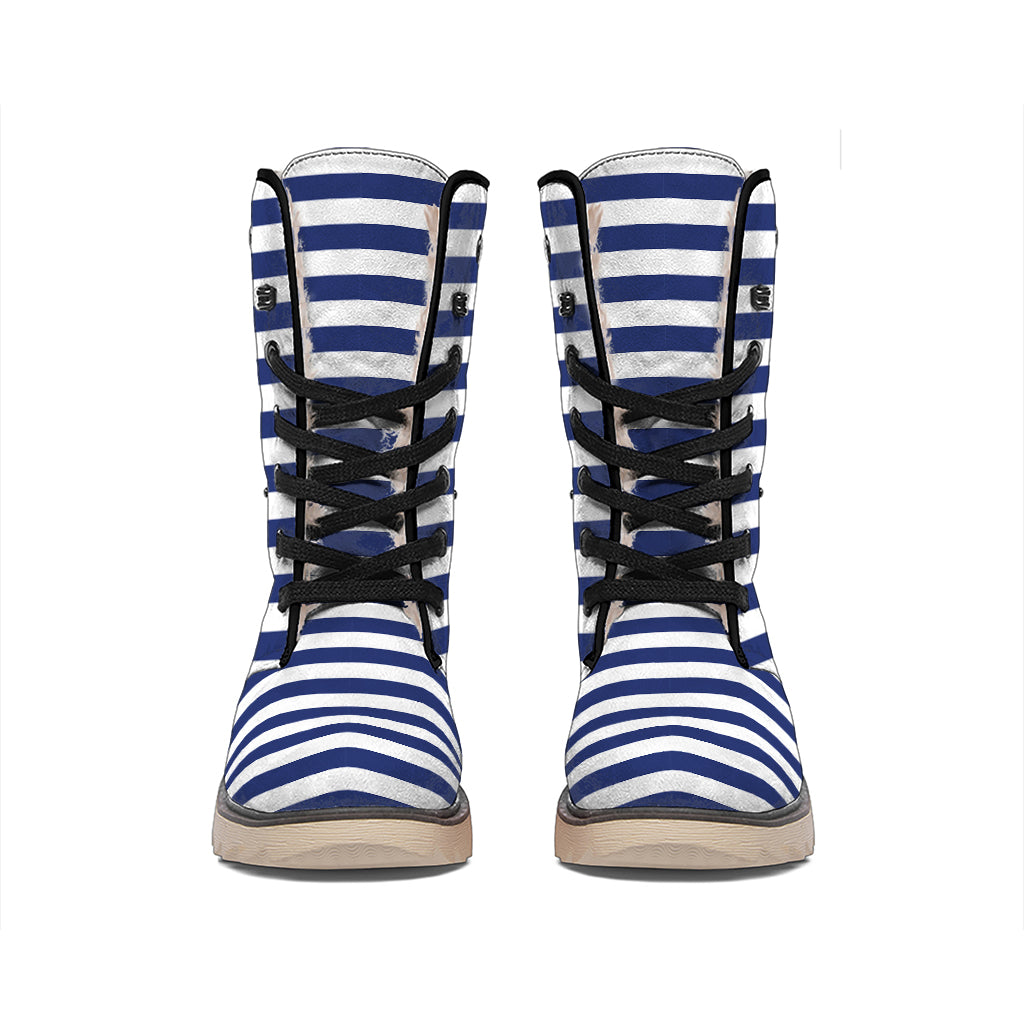 Navy And White Striped Pattern Print Winter Boots