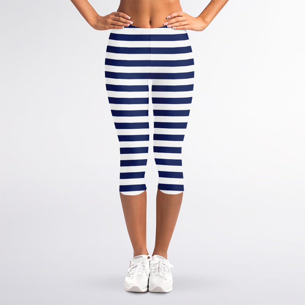 Navy And White Striped Pattern Print Women's Capri Leggings