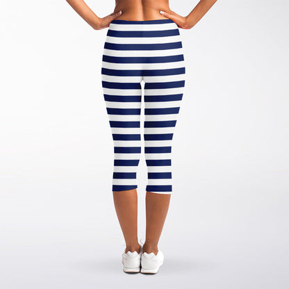 Navy And White Striped Pattern Print Women's Capri Leggings
