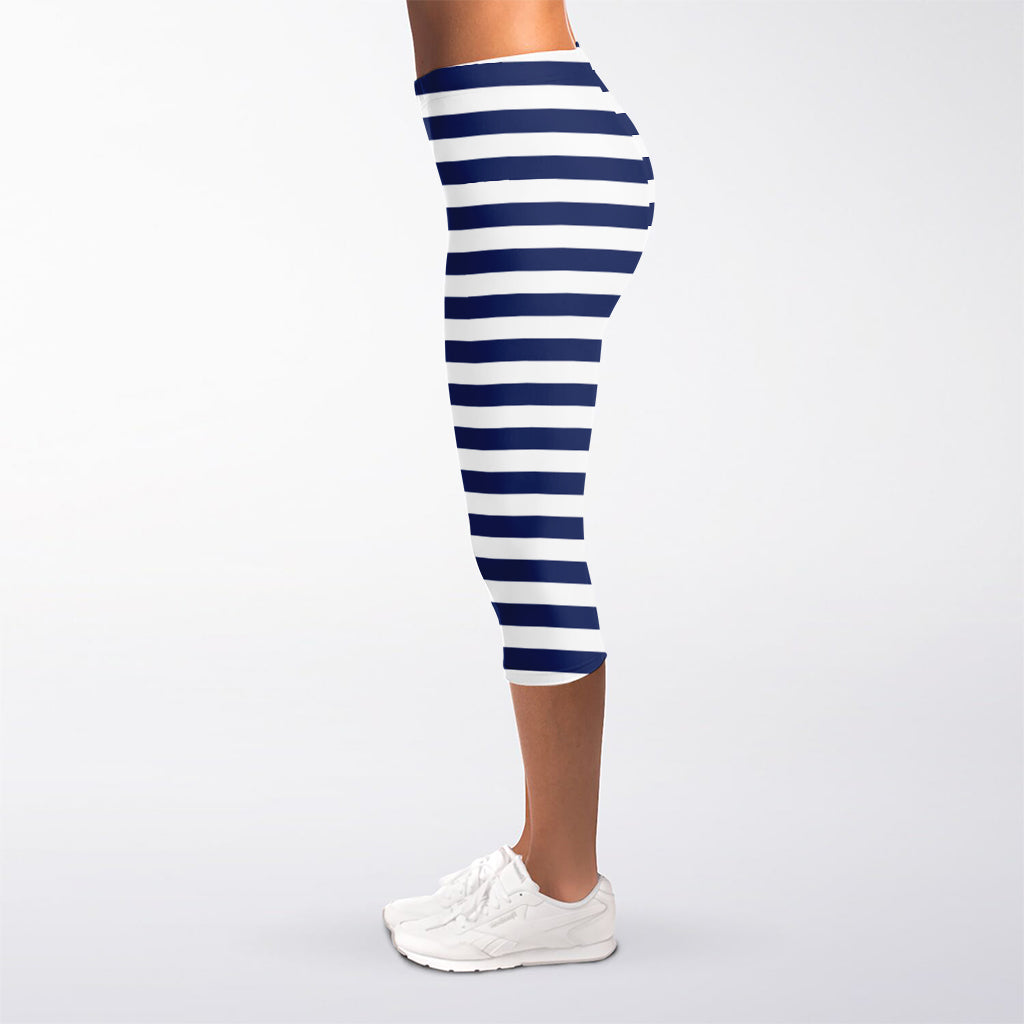 Navy And White Striped Pattern Print Women's Capri Leggings