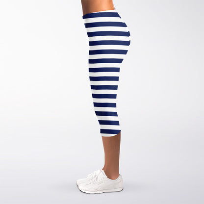 Navy And White Striped Pattern Print Women's Capri Leggings