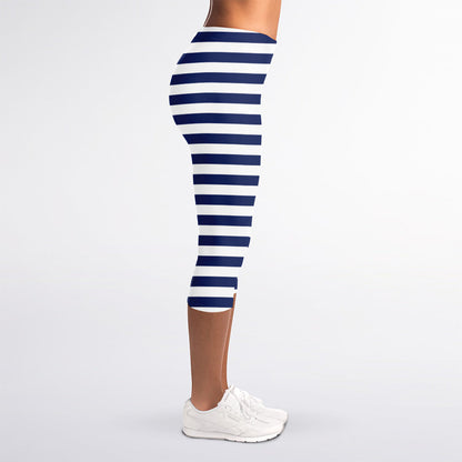 Navy And White Striped Pattern Print Women's Capri Leggings
