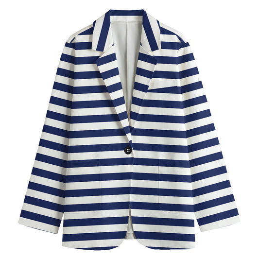Navy And White Striped Pattern Print Women's Cotton Blazer