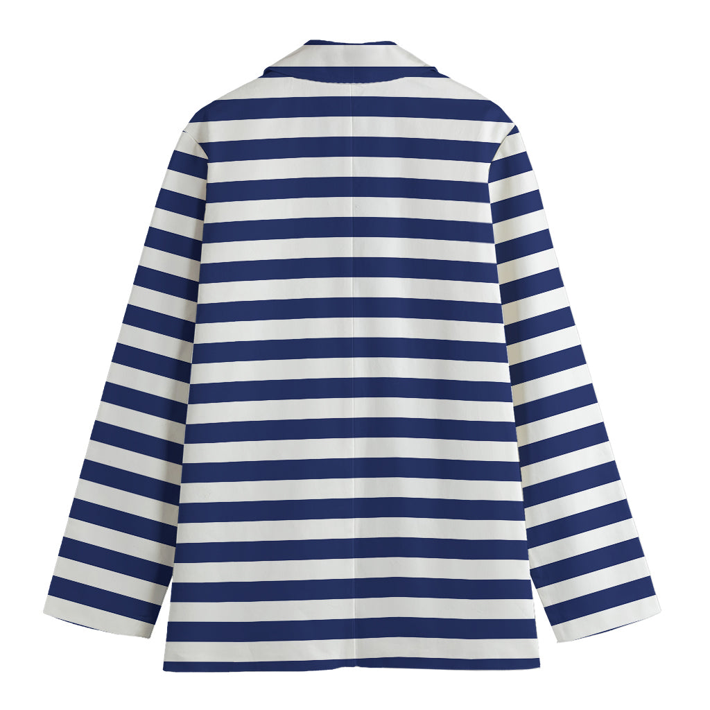 Navy And White Striped Pattern Print Women's Cotton Blazer