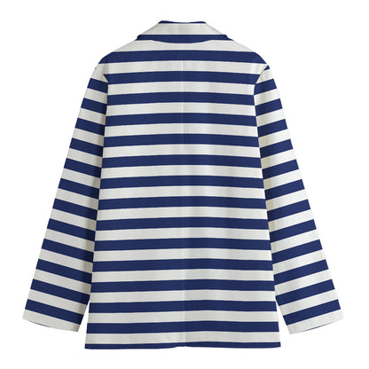 Navy And White Striped Pattern Print Women's Cotton Blazer