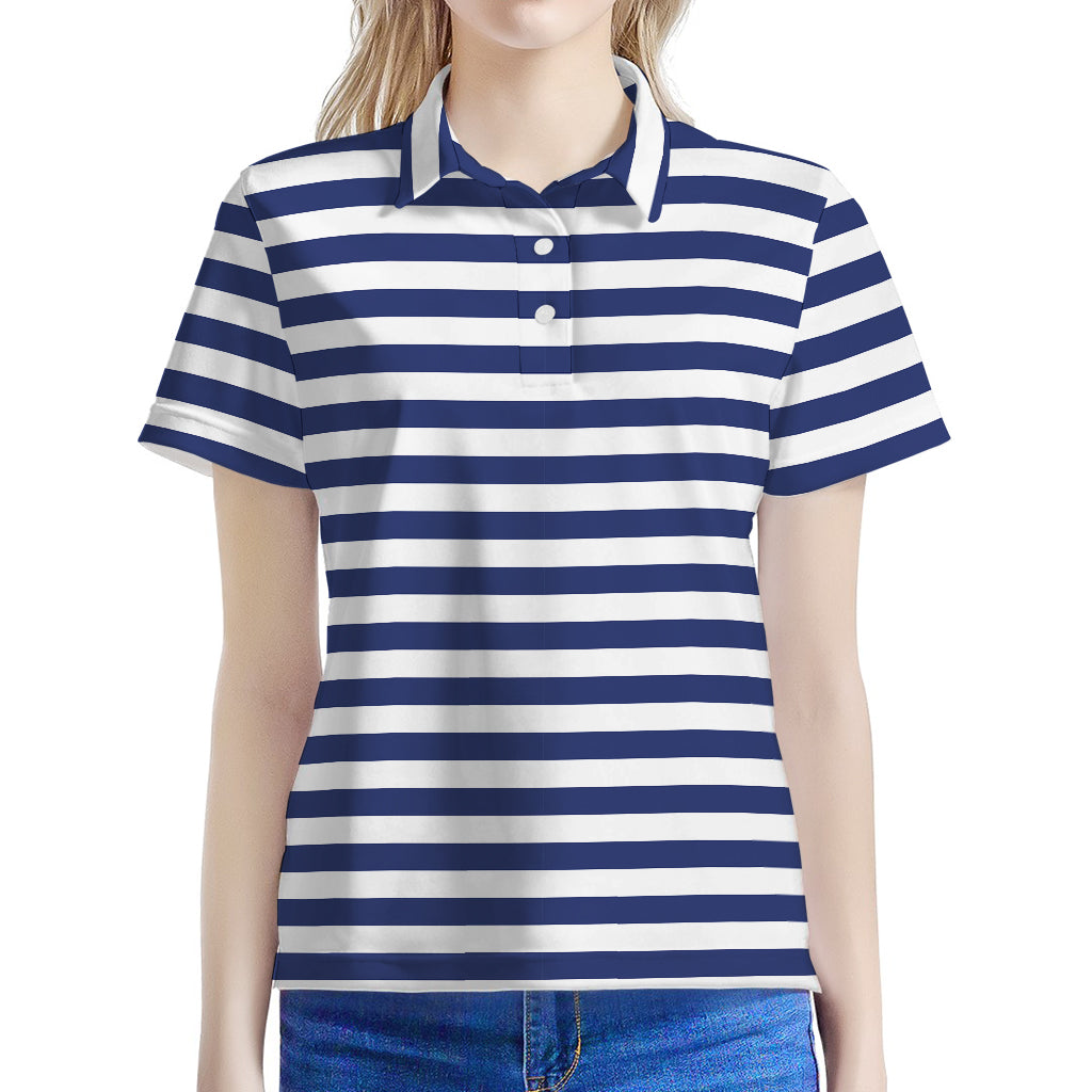 Navy And White Striped Pattern Print Women's Polo Shirt
