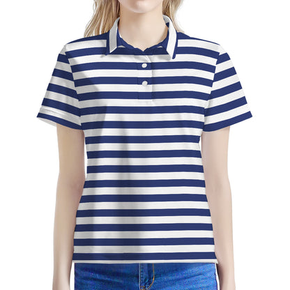 Navy And White Striped Pattern Print Women's Polo Shirt
