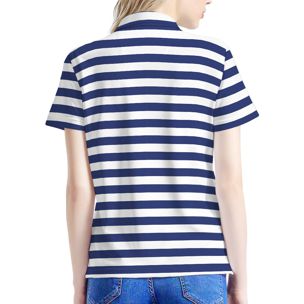 Navy And White Striped Pattern Print Women's Polo Shirt