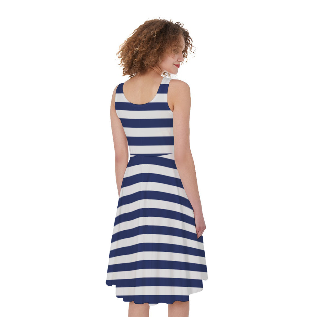 Navy And White Striped Pattern Print Women's Sleeveless Dress