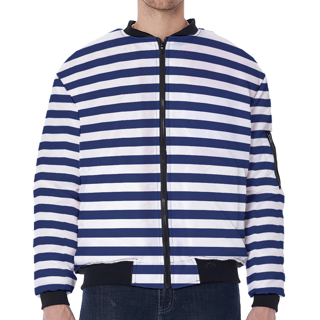 Navy And White Striped Pattern Print Zip Sleeve Bomber Jacket