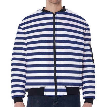 Navy And White Striped Pattern Print Zip Sleeve Bomber Jacket